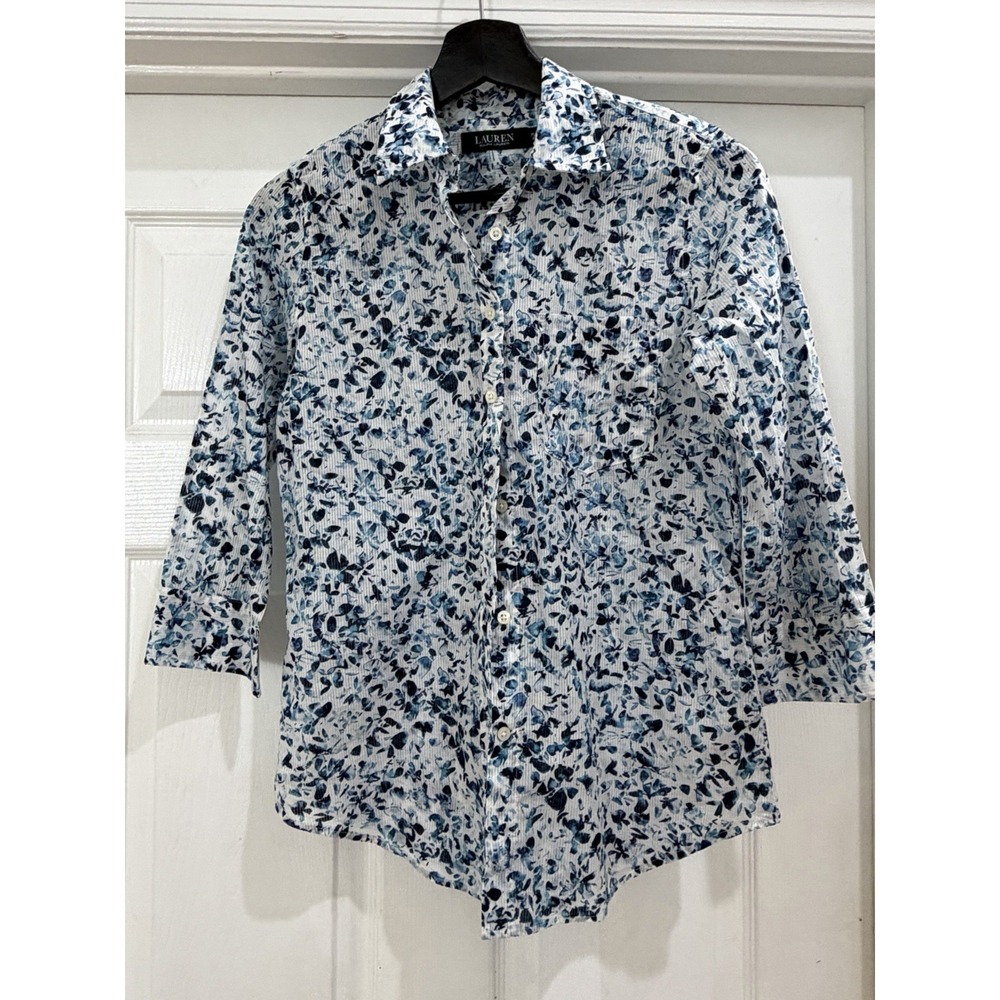 Lauren Ralph Lauren Women's Blue Floral Button-Down Shirt Size PS Petite Small